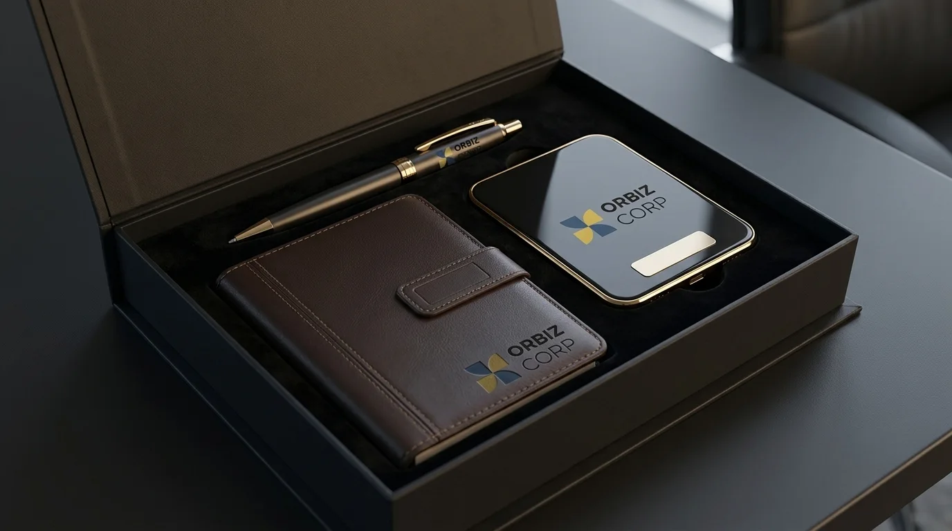 Premium notebook, pen and charging accessory in a fitted presentation box